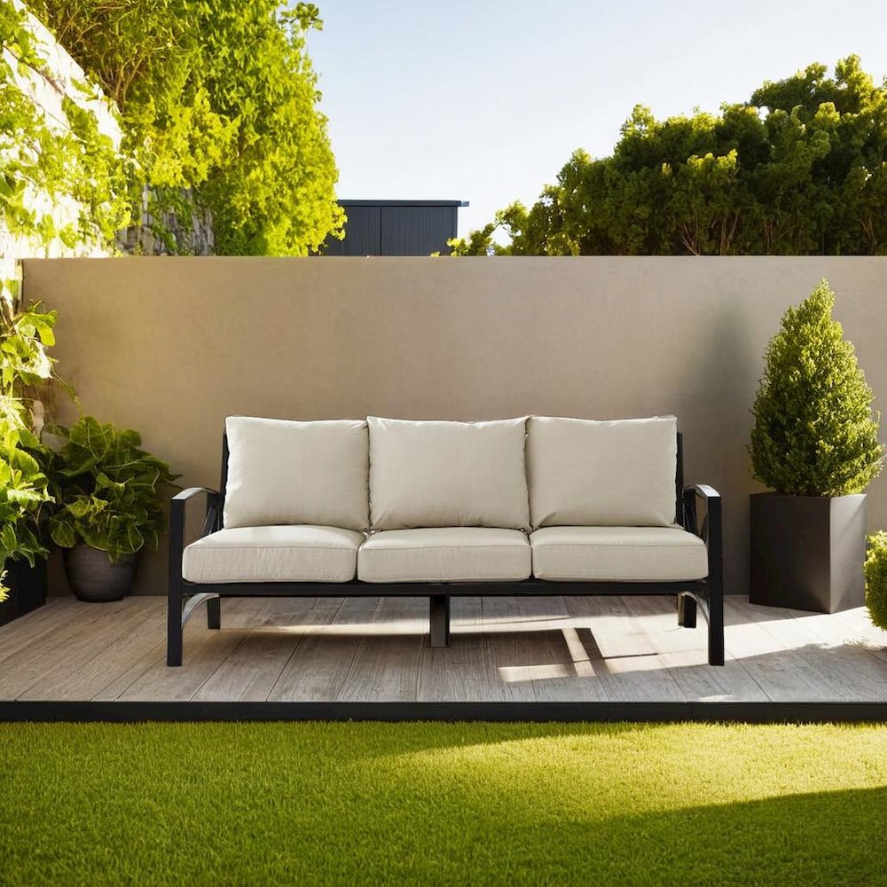 Stylish Outdoor Metal Sofa in Oatmeal and Oil Rubbed Bronze Finish. Picture 4