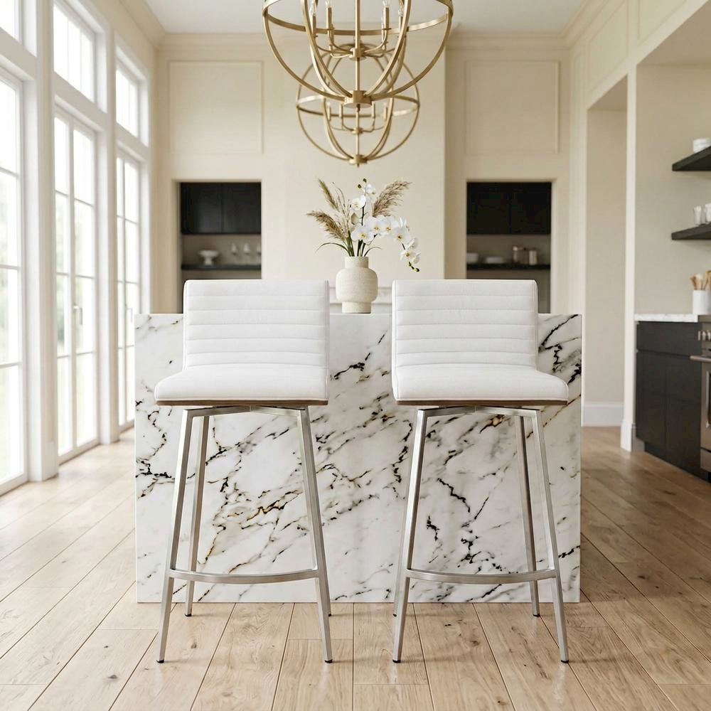 Stainless Steel and Walnut Counter Stool with White Faux Leather Cover, Set of 2. Picture 4
