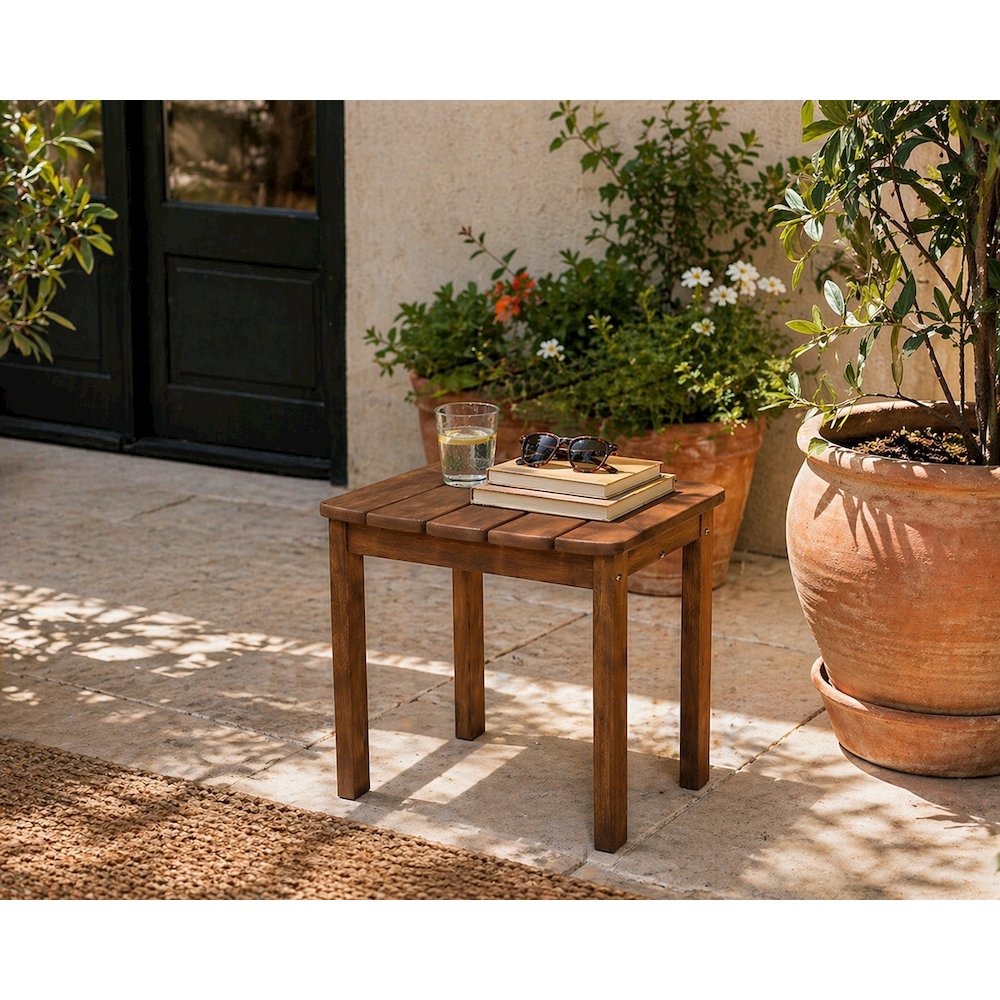Acacia Outdoor End Table in Brown Solid Wood for Patio and Garden. Picture 2