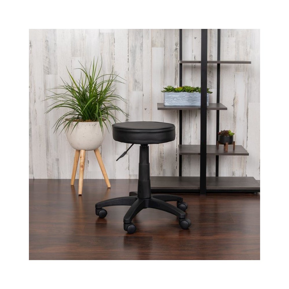 Black Adjustable Doctors Stool on Wheels with Ergonomic Molded Seat. Picture 2