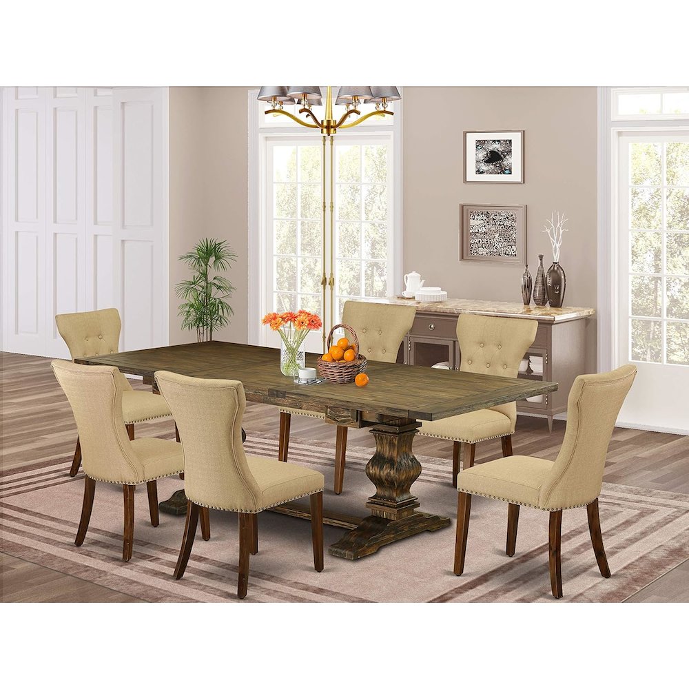 East West Furniture LAGA7-78-03 7-Piece Dining Table Set - 6 Dining Chairs with Brown Linen Fabric Back and Seat - Dining Table with Pedestal Legs - Antique Walnut & Distressed Jacobean Finish. Picture 2