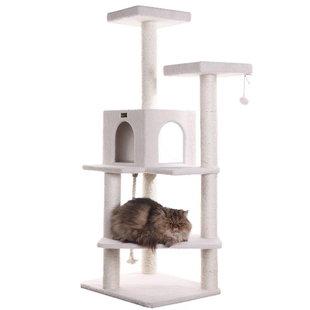 Ivory 57" High Real Wood Cat Tree, Fleece Covered Cat Climber. Picture 1