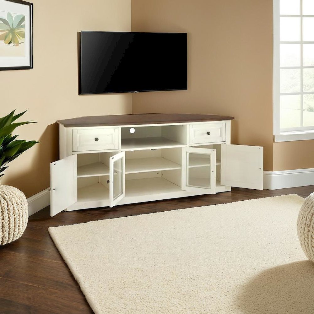 Stylish 60" Corner TV Console Featuring Antique Bronze Hardware and Storage. Picture 7