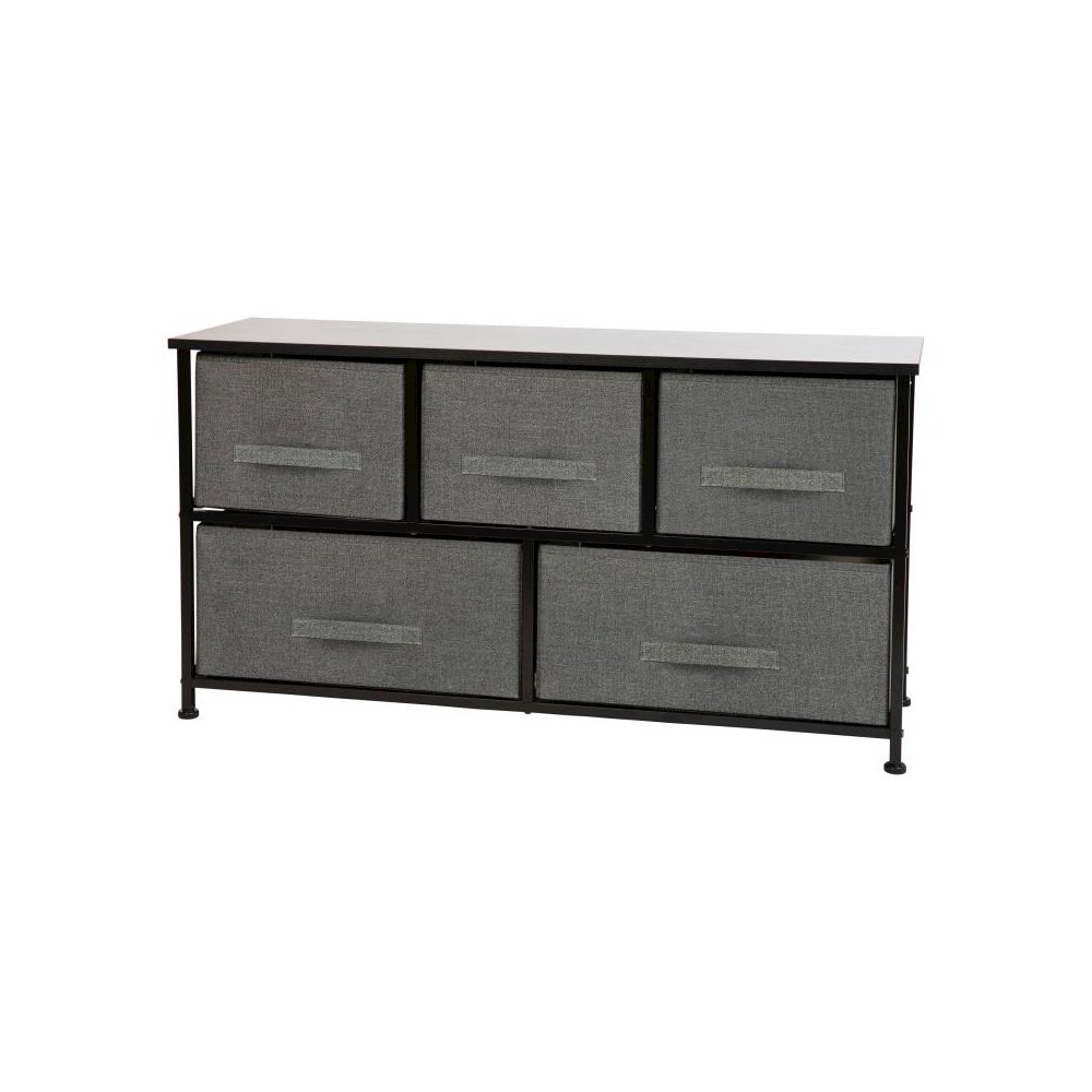 5 Drawer Wood Top Black Cast Iron Frame Vertical Storage Dresser with Dark Gray Easy Pull Fabric Drawers. Picture 1