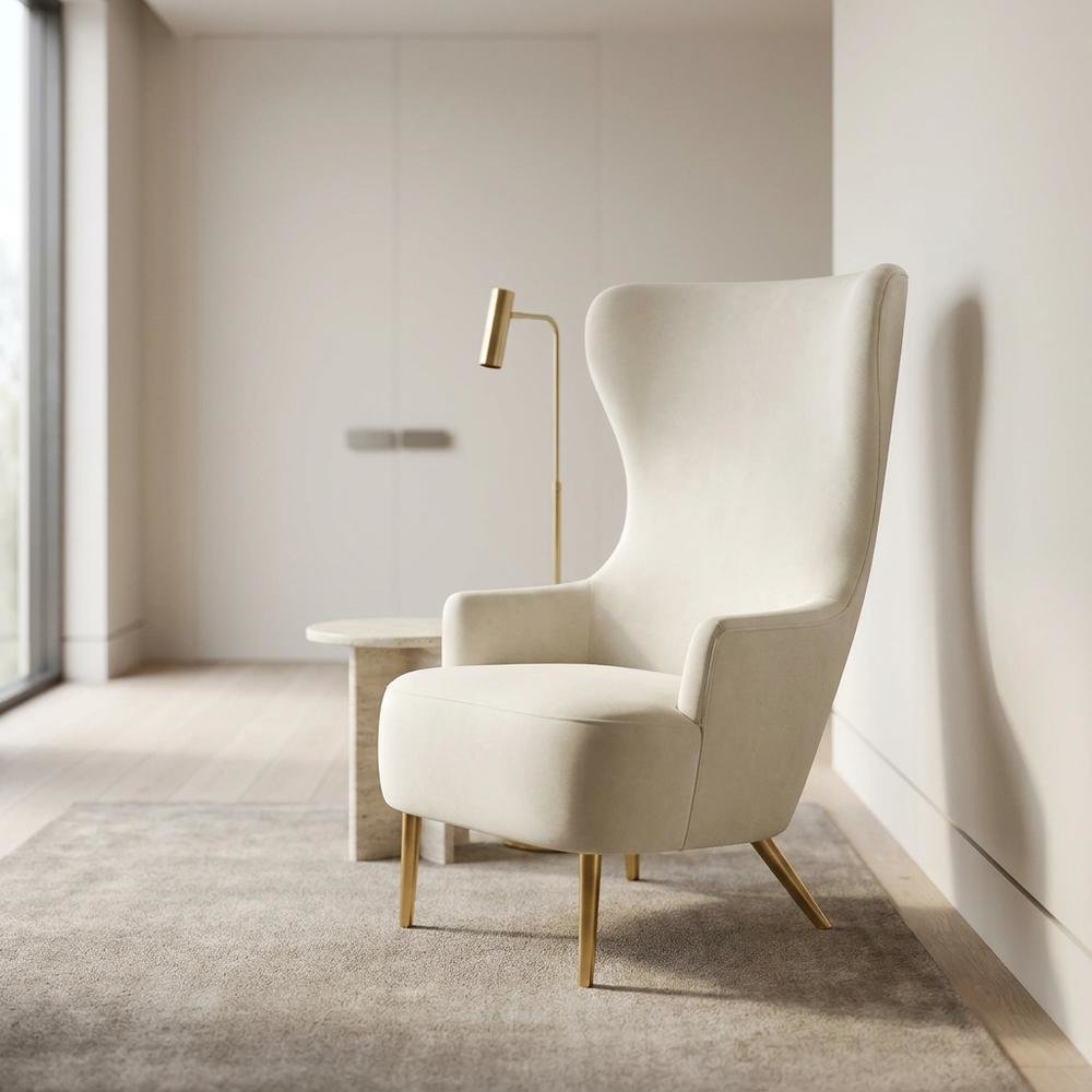 Cream Wingback Armchair with Padded Upholstery and Stylish Design. Picture 2