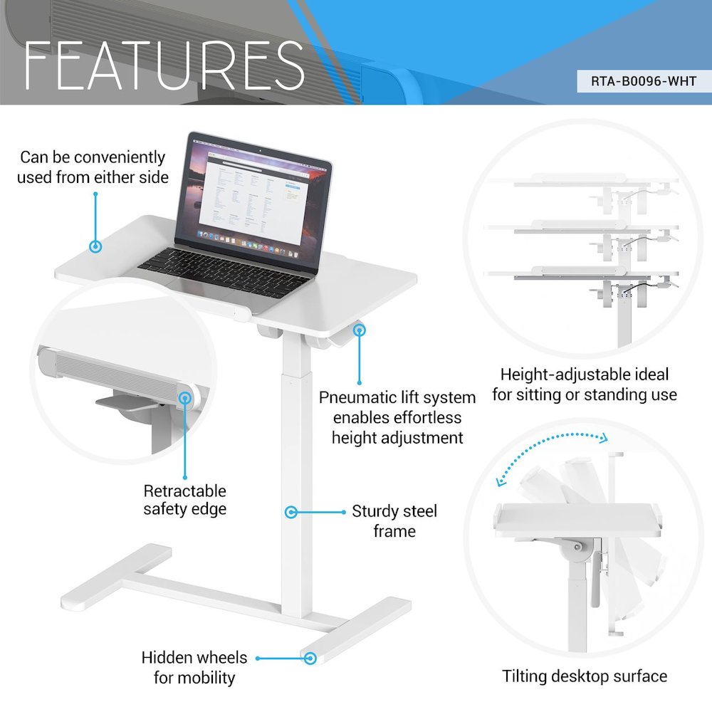 Techni Mobili Sit-to-Stand Rolling Adjustable Laptop Cart, White. Picture 15