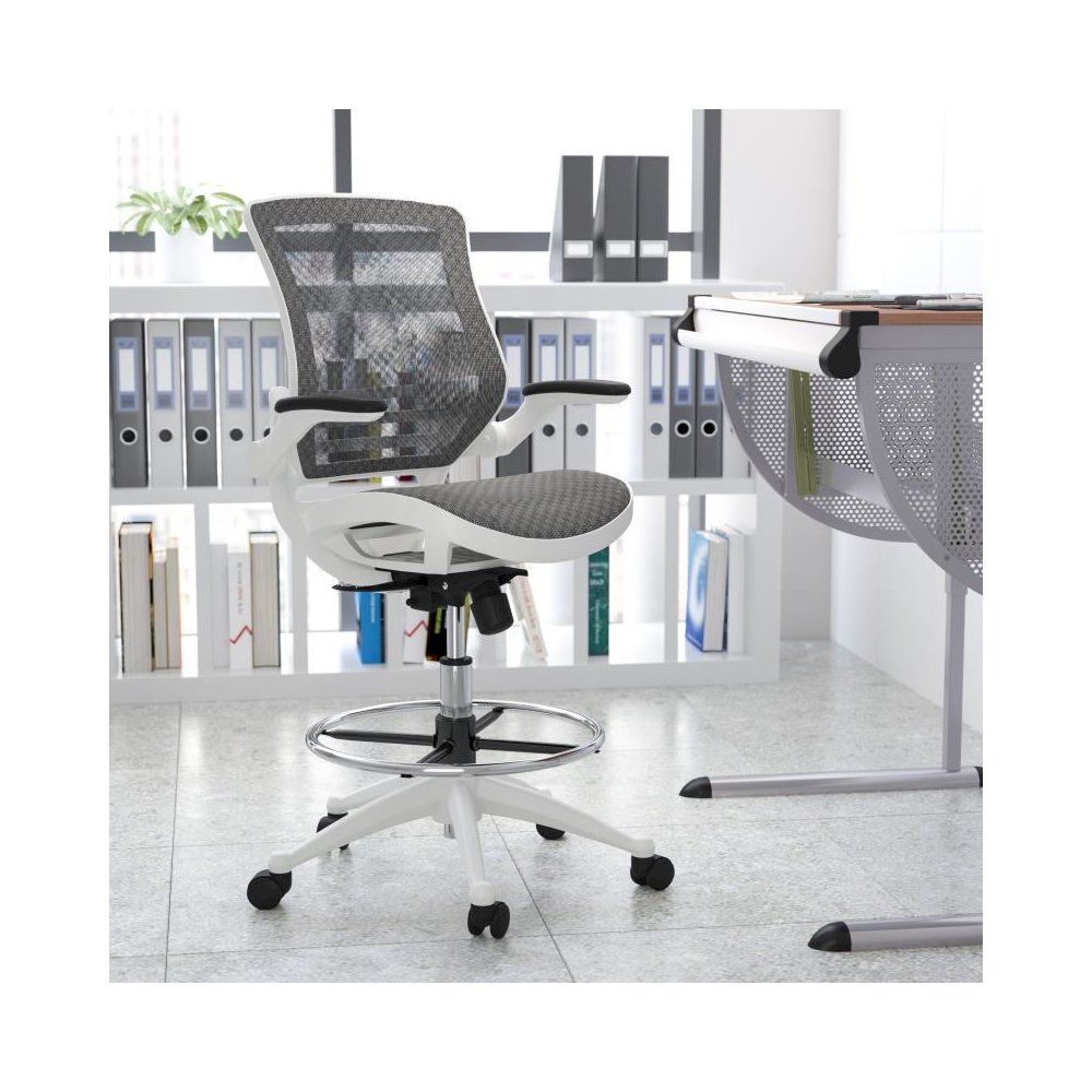 Mid-Back Transparent Gray Mesh Drafting Chair with White Frame and Flip-Up Arms. Picture 2