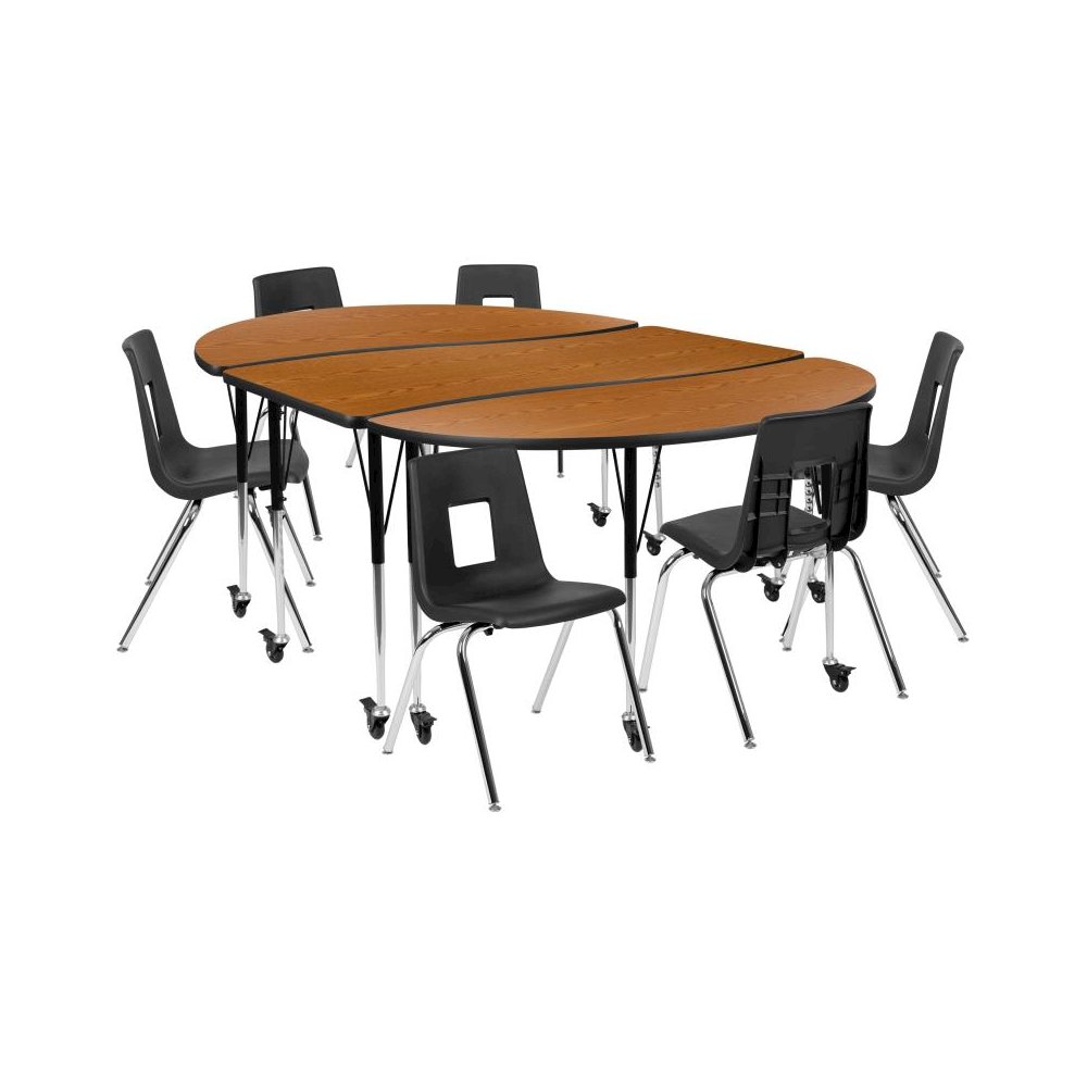 Mobile 86" Oval Wave Flexible Laminate Activity Table Set with 18" Student Stack Chairs, Oak/Black. Picture 1
