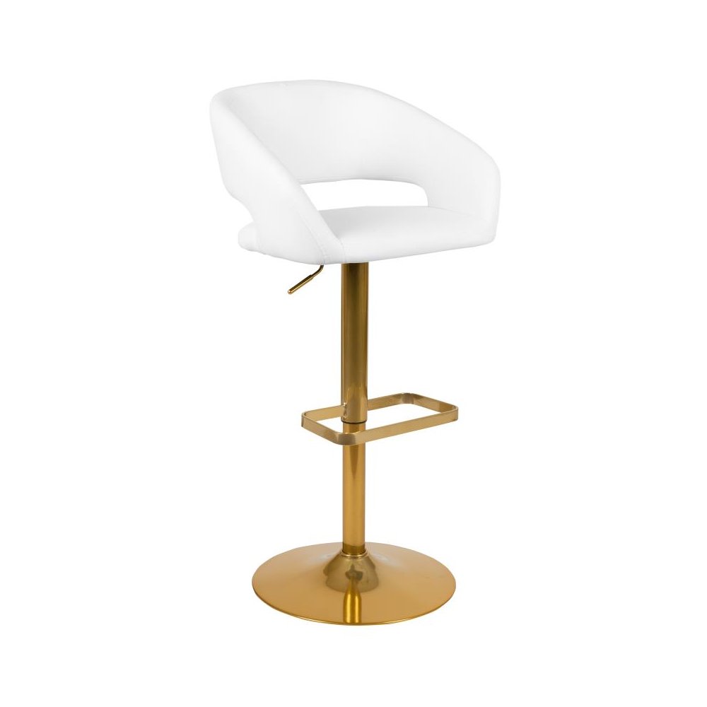 Contemporary White Vinyl Adjustable Height Barstool with Rounded Mid-Back and Gold Base. Picture 1