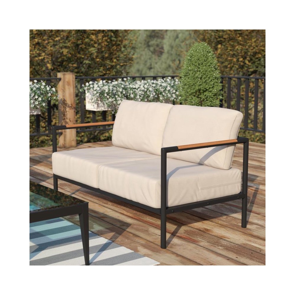 Indoor/Outdoor Patio Loveseat with Cushions-Modern Aluminum Framed Loveseat with Teak Accent Arms, Black with Beige Cushions. Picture 2