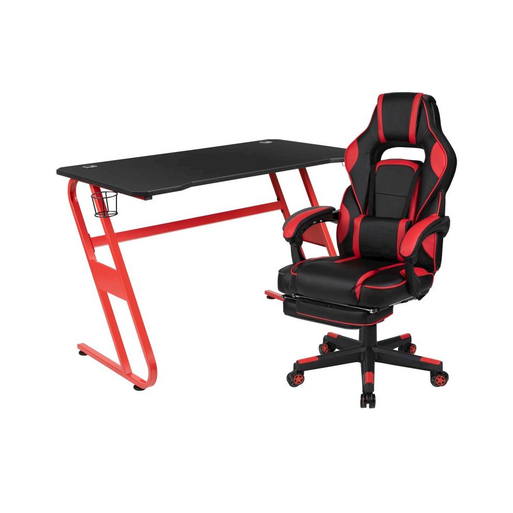 Red Gaming Desk with Cup Holder/Headphone Hook & Red Reclining Back/Arms Gaming Chair with Footrest. Picture 1