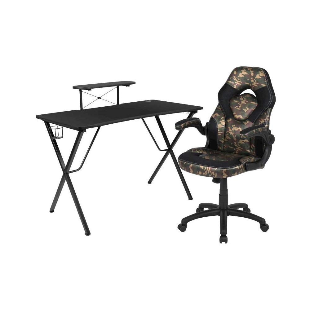 Black Gaming Desk and Camouflage/Black Racing Chair Set with Cup Holder, Headphone Hook, and Monitor/Smartphone Stand. Picture 1