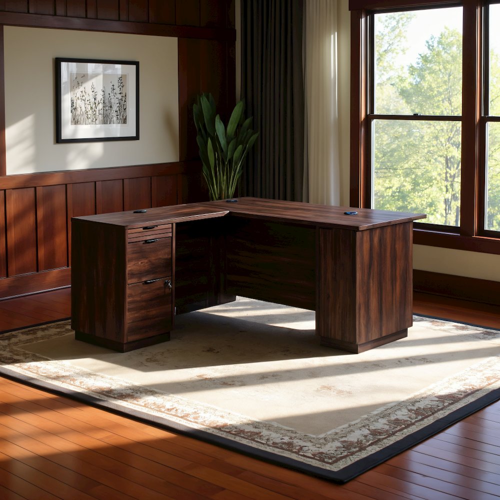 Spiced Mahogany L-Shaped Desk with Shelves, Ideal for Home Office Corner. Picture 4