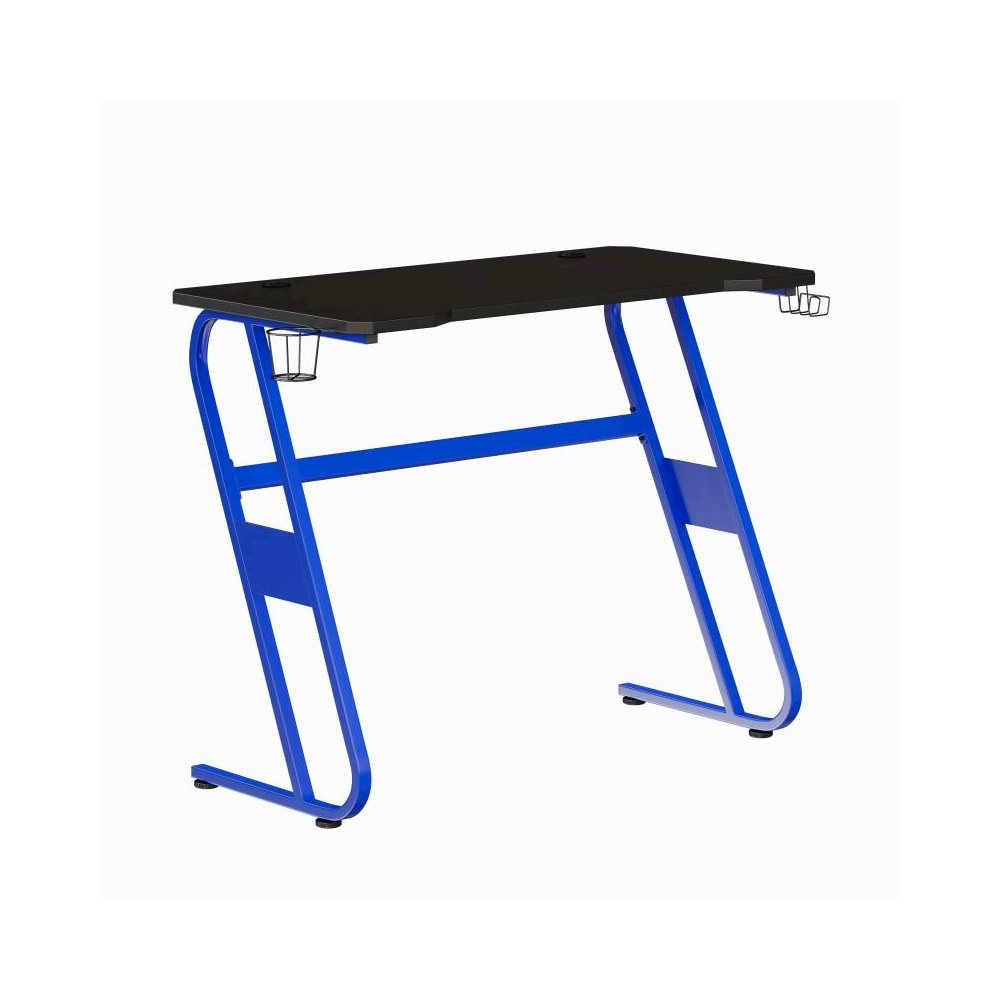 Blue Gaming Ergonomic Desk with Cup Holder and Headphone Hook. Picture 1