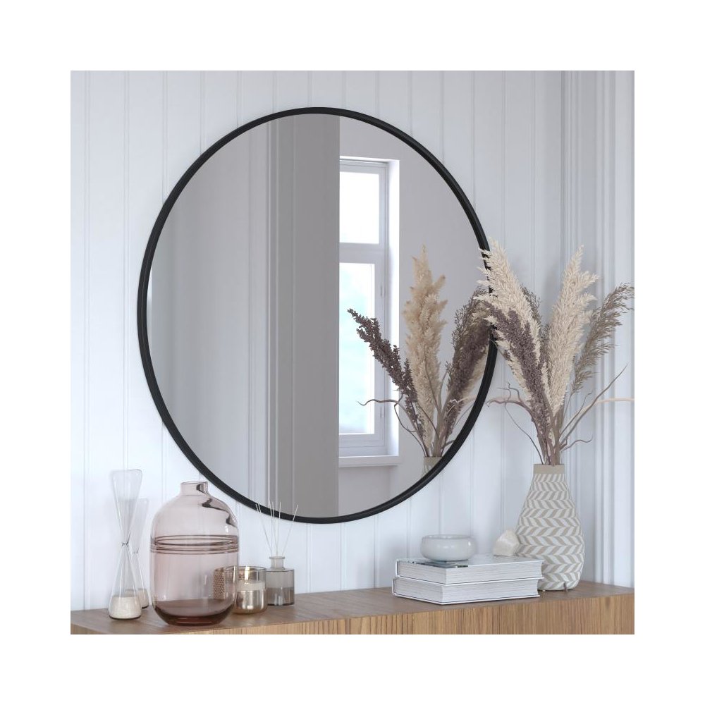 24" Round Black Metal Framed Wall Mirror - Large Accent Mirror for Bathroom, Vanity, Entryway, Dining Room, & Living Room. Picture 2