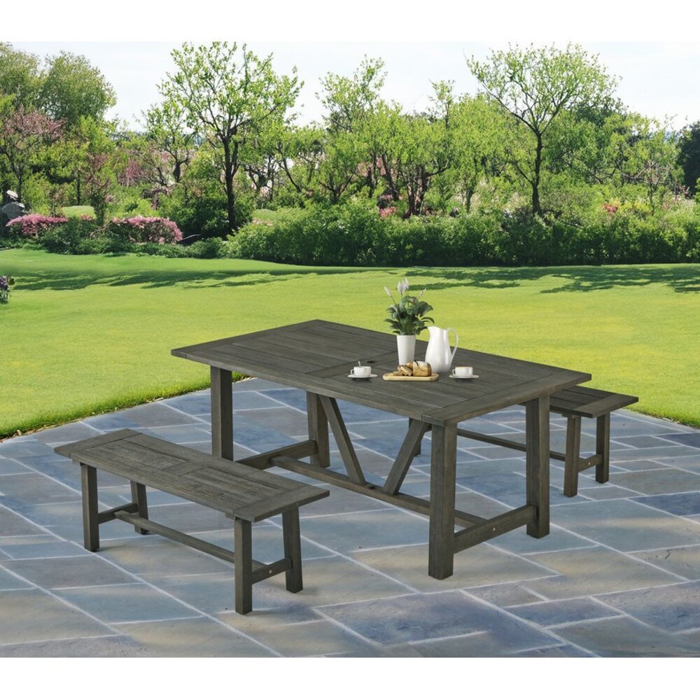 Rustic Gray Outdoor Dining Set - Acacia Wooden Table with 2 Wood Benches. Picture 5
