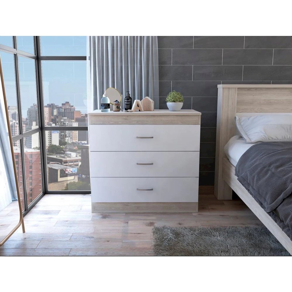 Melia Three Drawer Dresser Light Gray / White MDF. Picture 3