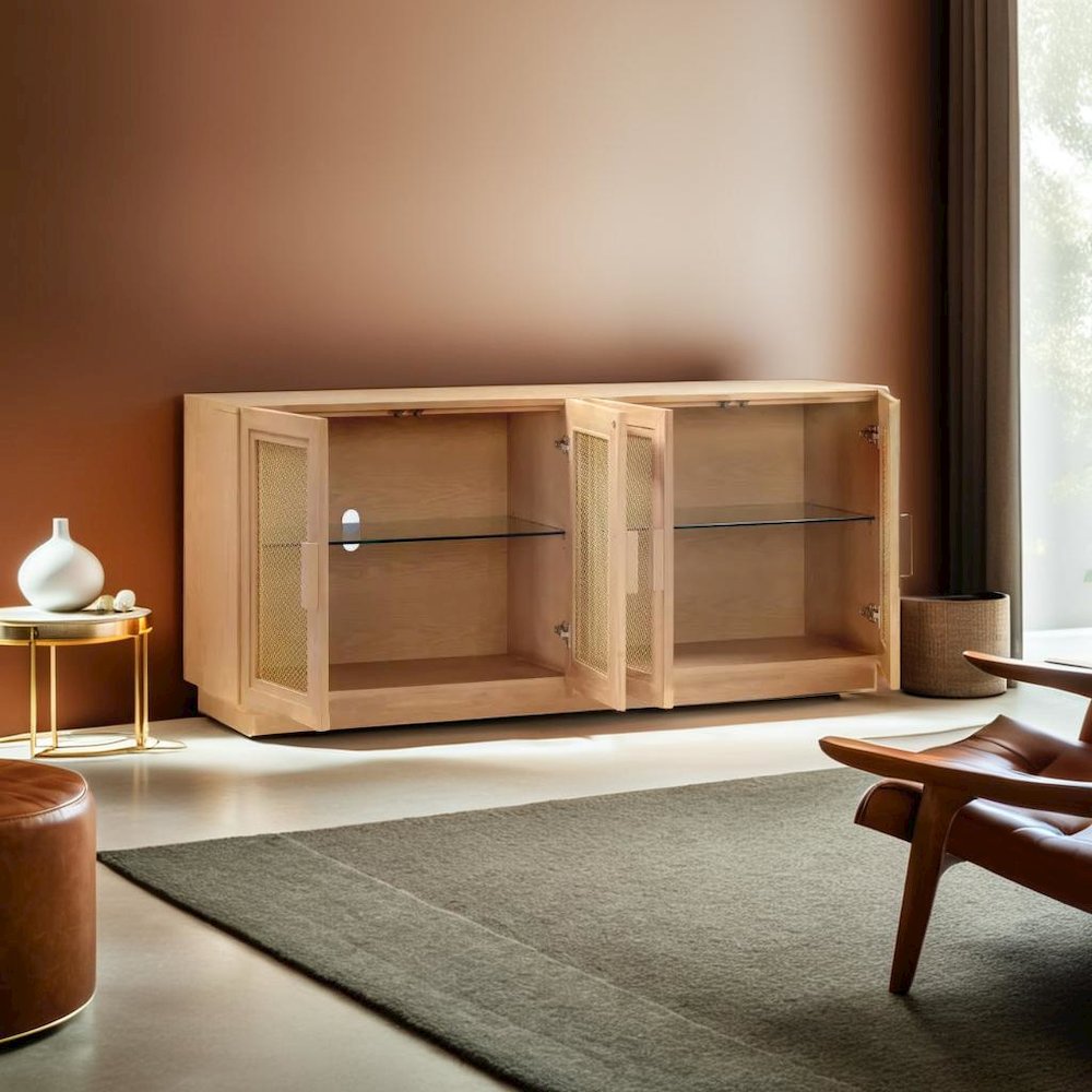 Elegant Blue Media Console Featuring Ash Veneer and Glass Shelving. Picture 6
