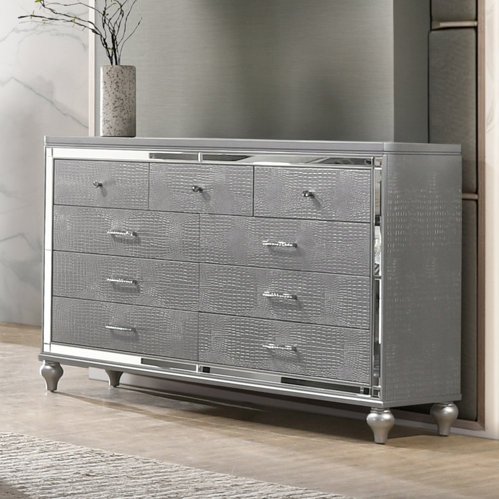 Furniture Valentine Solid Wood Dresser with 9 Drawers in Silver. Picture 2
