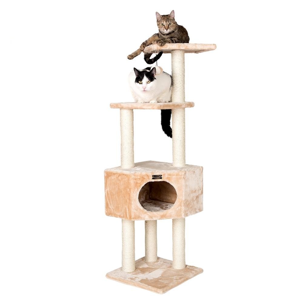 3 Tier Real Wood Cat Tree, Scratch Furniture, Beige. Picture 1