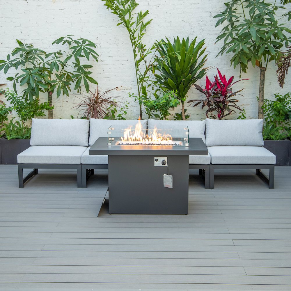LeisureMod Chelsea 5-Piece Middle Patio Chairs and Fire Pit Table Set With Cushions, Light Grey. Picture 4