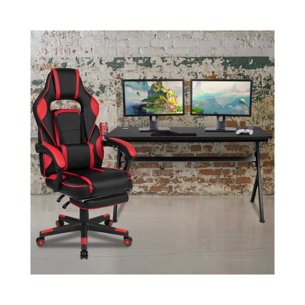 Gaming Desk with Cup Holder/Headphone Hook/Removable Mousepad Top & Red Reclining Back/Arms Gaming Chair with Footrest. Picture 2