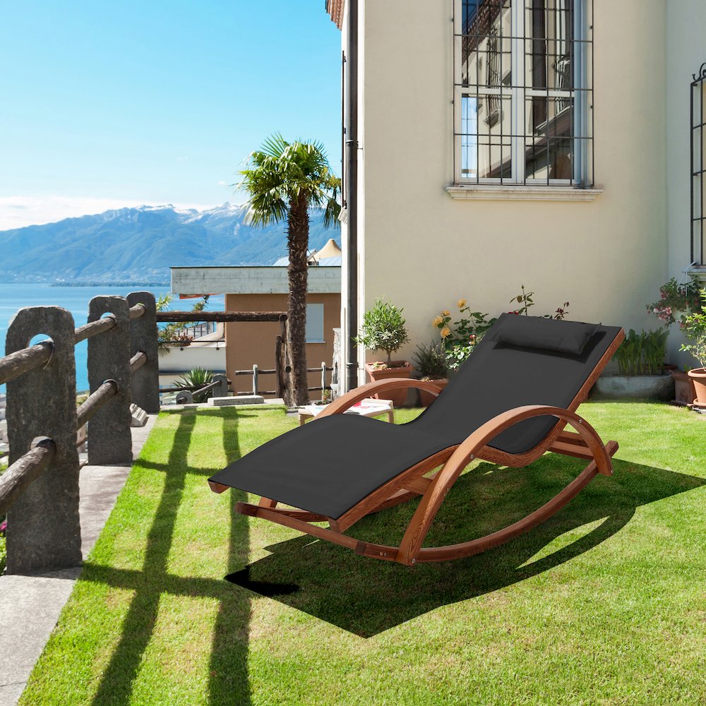 Outdoor Cedar Wood Patio Lounge Chair with Black Textilene Fabric. Picture 7