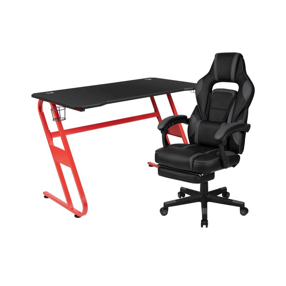 Red Gaming Desk with Cup Holder/Headphone Hook & Black Reclining Back/Arms Gaming Chair with Footrest. Picture 1