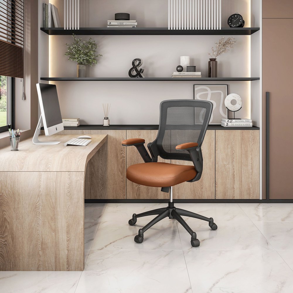 Mid-Back Mesh Task Office Chair with Height Adjustable Arms. Color: Brown. Picture 2
