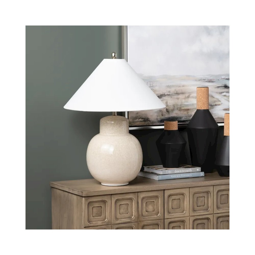 28" Transitional Tan Ceramic Table Lamp with Silver Accents & White Linen Shade. Picture 3