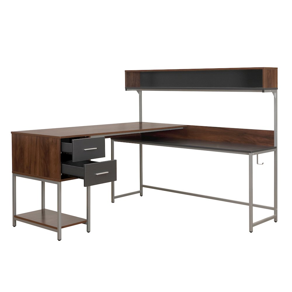 Techni Mobili L-Shape Desk with Hutch and Storage, Walnut. Picture 2