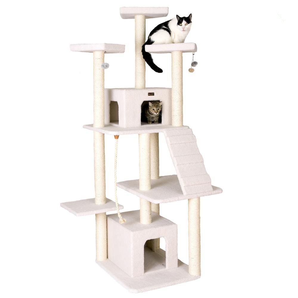 Classic Real Wood Cat Tree In Ivory, Multi Levels With Ramp. Picture 1