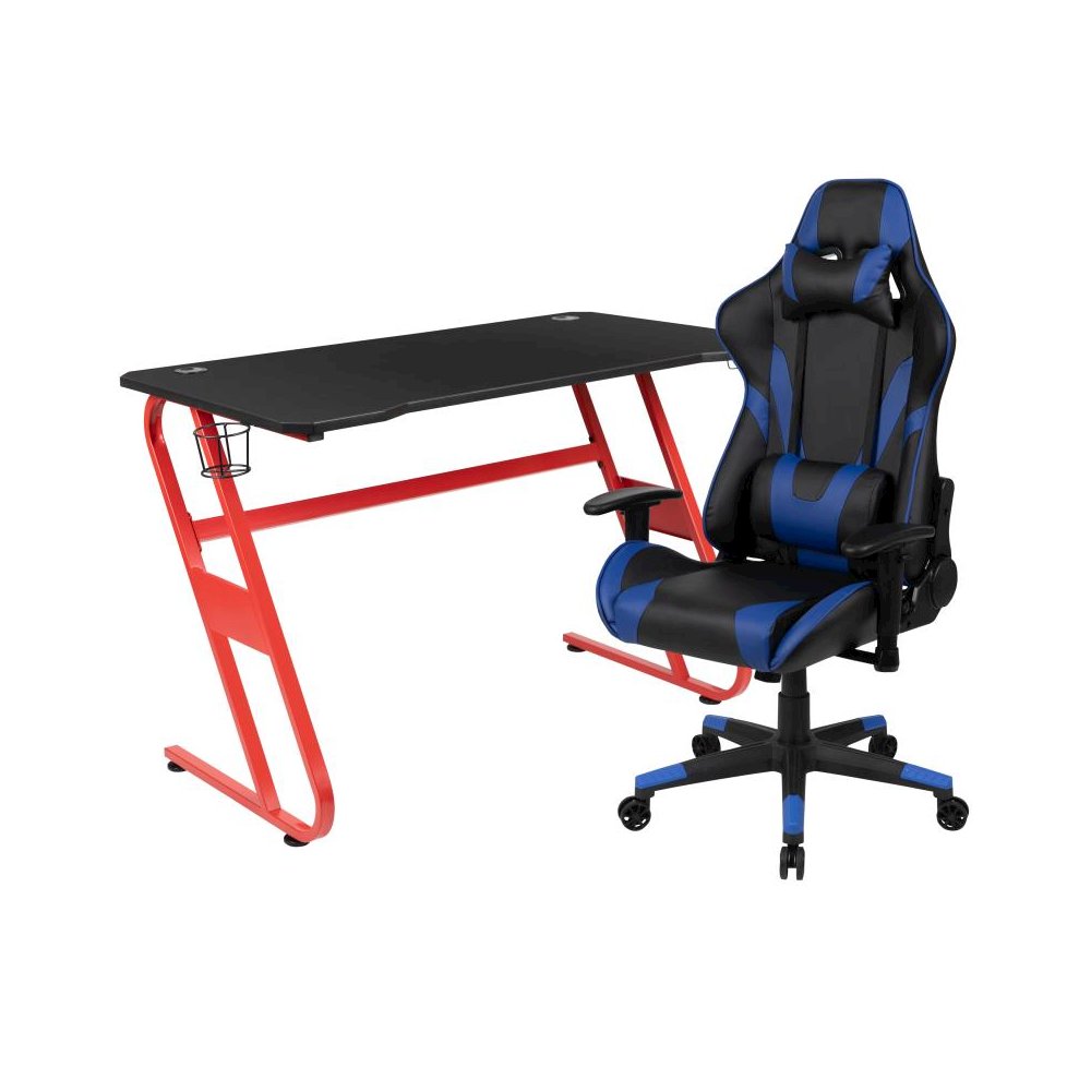 Red Gaming Desk and Blue Reclining Gaming Chair Set with Cup Holder and Headphone Hook. Picture 1