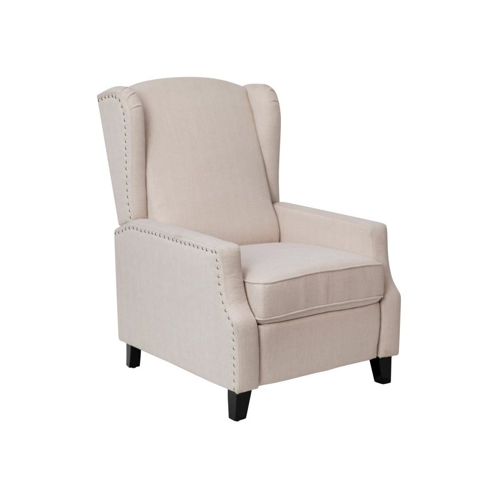Traditional Style Slim Push Back Recliner Chair-Wingback Recliner with Cream Fabric Upholstery-Accent Nail Trim. Picture 1