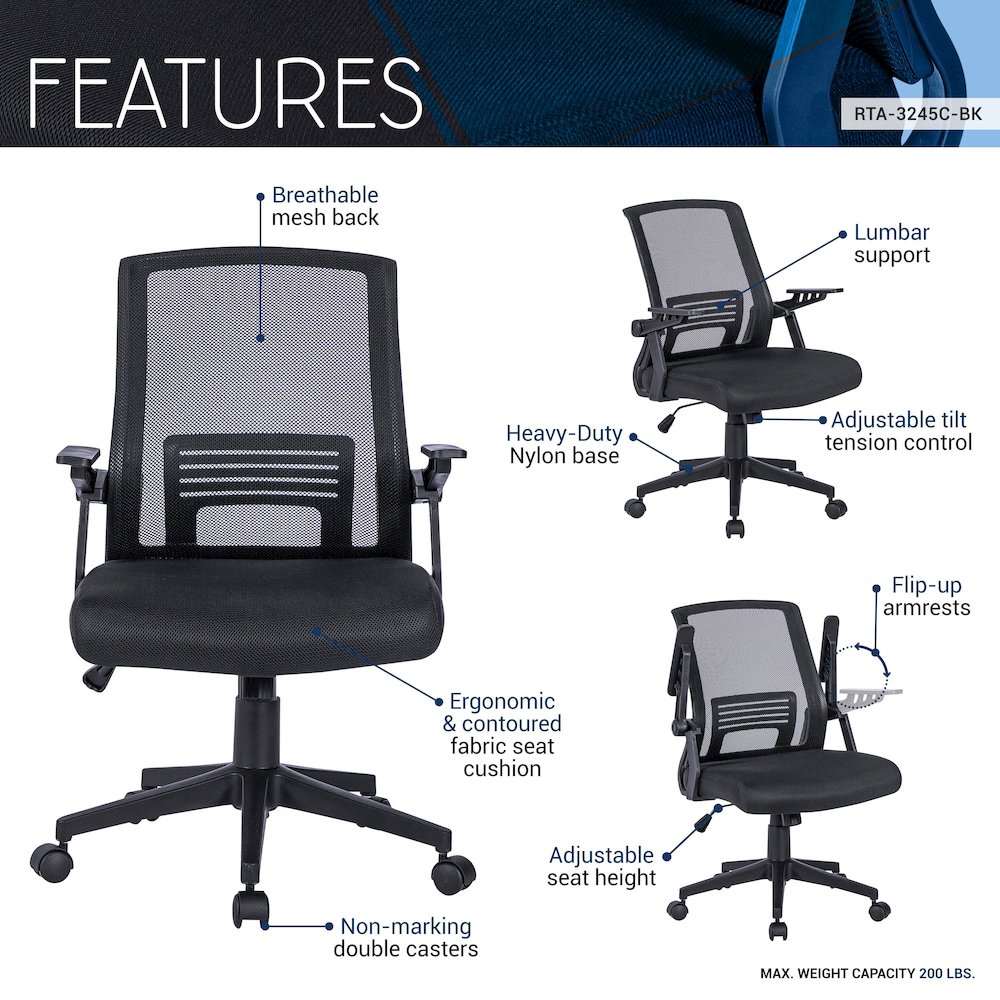 Techni Mobili Ergonomic Office Mesh Chair, Black. Picture 10