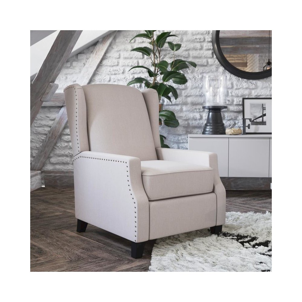 Traditional Style Slim Push Back Recliner Chair-Wingback Recliner with Cream Fabric Upholstery-Accent Nail Trim. Picture 2
