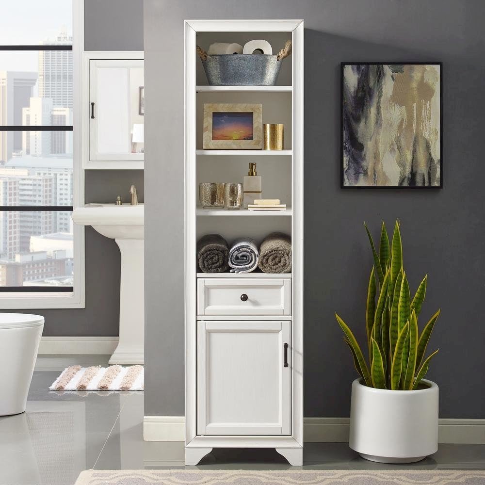 White linen cabinet with anti-tip hardware and sturdy construction. Picture 2