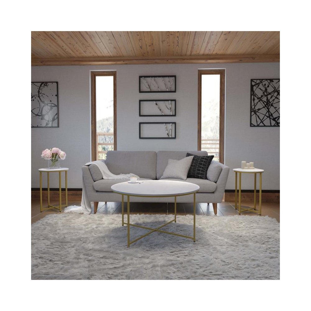 Coffee and End Table Set - White Marbled Laminate Top & Brushed Gold Crisscross Frame, 3 Piece Table Set. Picture 2