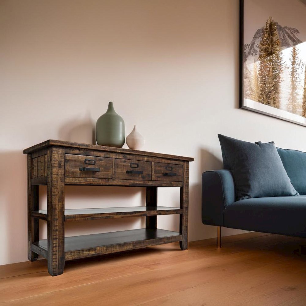 50-Inch Gray Sofa Table with Distressed Industrial Design, Acacia Construction. Picture 5