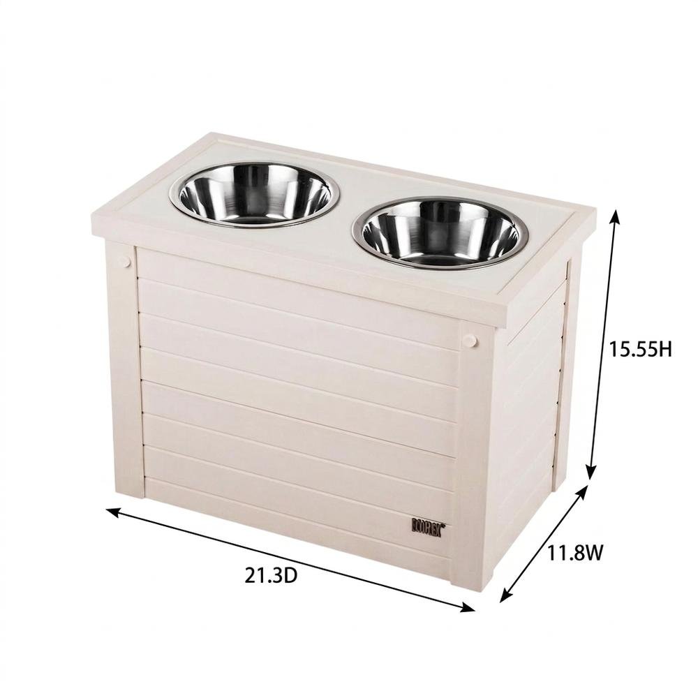 Antique White Dog Feeder with 2 Bowls and Sliding Storage Bin for Large Pets. Picture 7