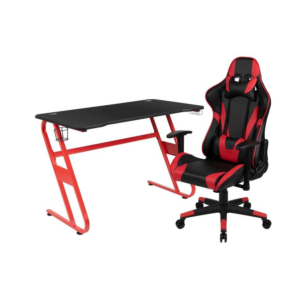 Red Gaming Desk and Red/Black Reclining Gaming Chair Set with Cup Holder and Headphone Hook. Picture 1