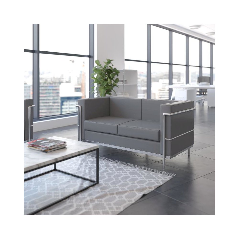 Hercules Regal Series Contemporary Gray LeatherSoft Loveseat with Encasing Frame. Picture 2