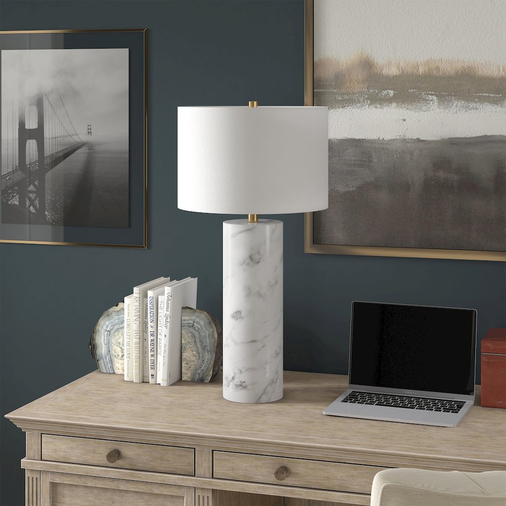 Elise 30" Tall Table Lamp with Fabric Shade in Marble/Brass/White. Picture 4