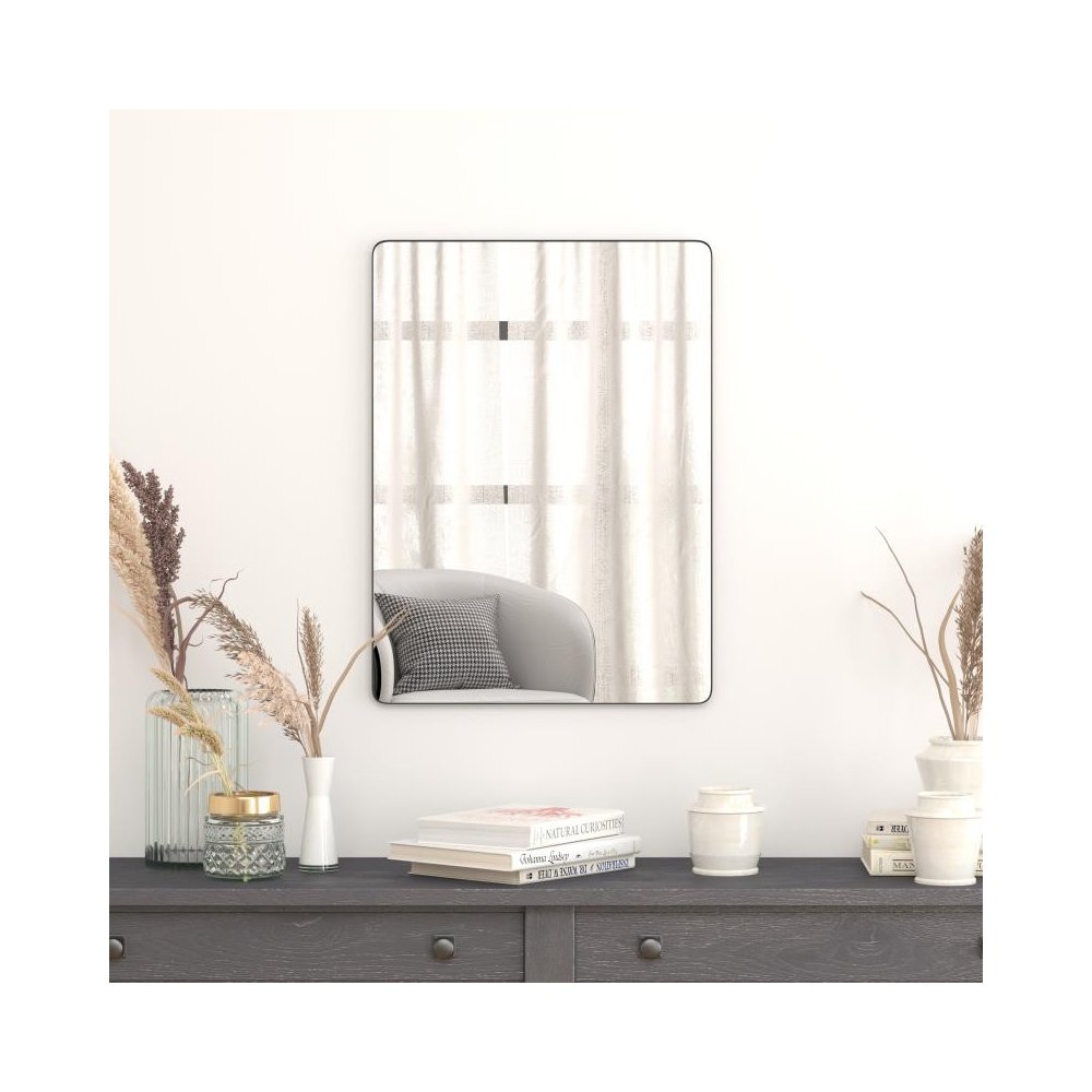 22" x 30" Decorative Wall Mirror - Rounded Corners, Bathroom & Living Room Glass Mirror Hangs Horizontal Or Vertical, Black. Picture 2