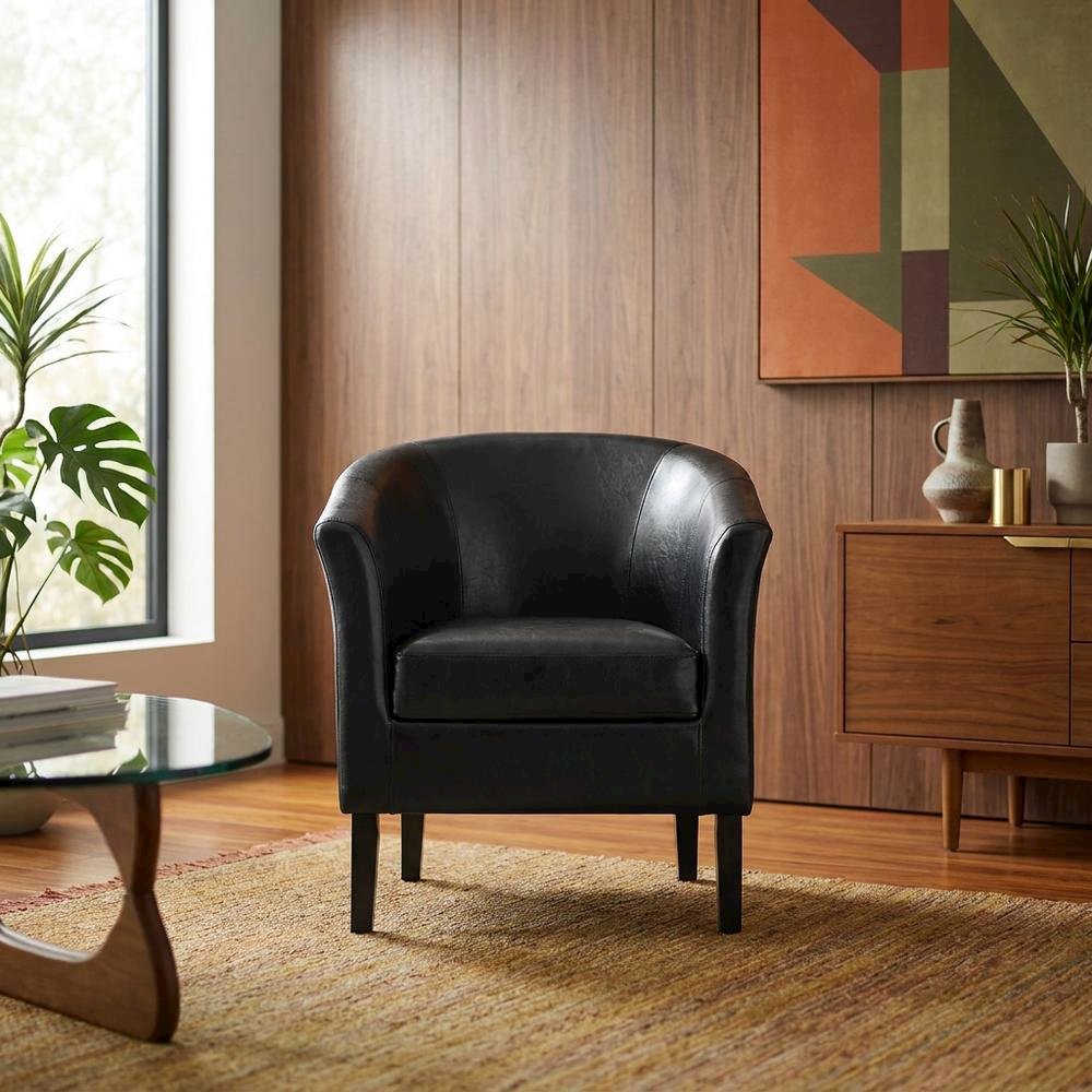 Black Faux Leather Club Armchair with Wooden Frame for Lounge or Living Room. Picture 2