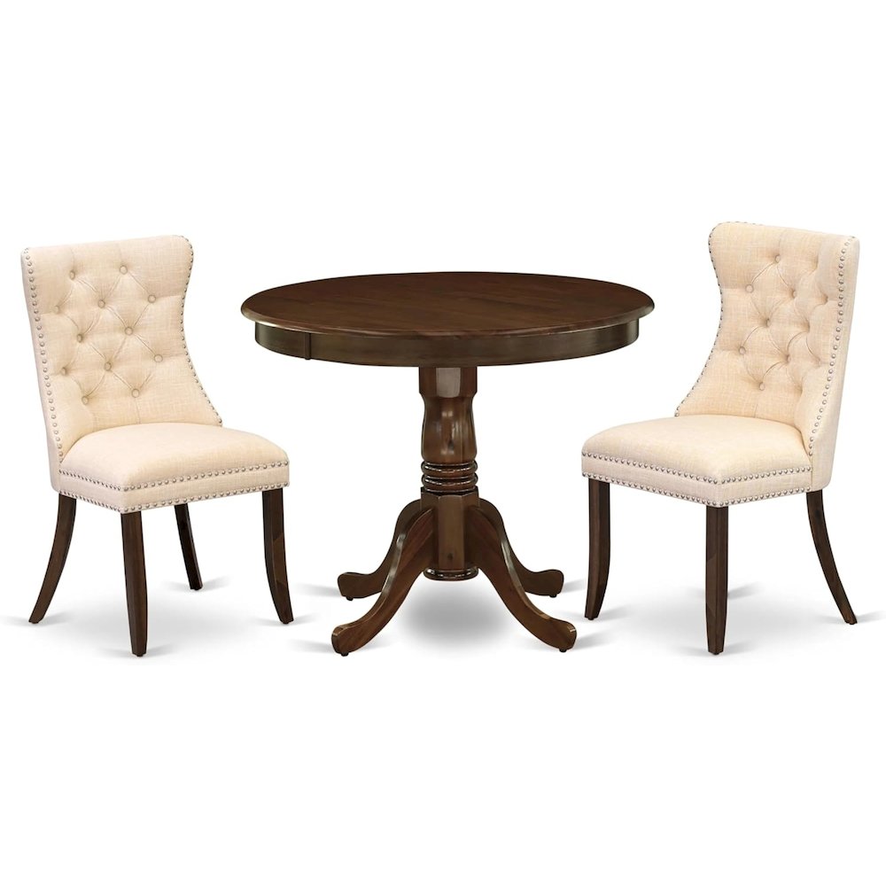 East West Furniture ANDA3-AWA-32 3 Piece Modern Dining Set Consists of a Round Kitchen Table with Pedestal and 2 Padded Chairs, 36x36 Inch, Antique Walnut. Picture 1
