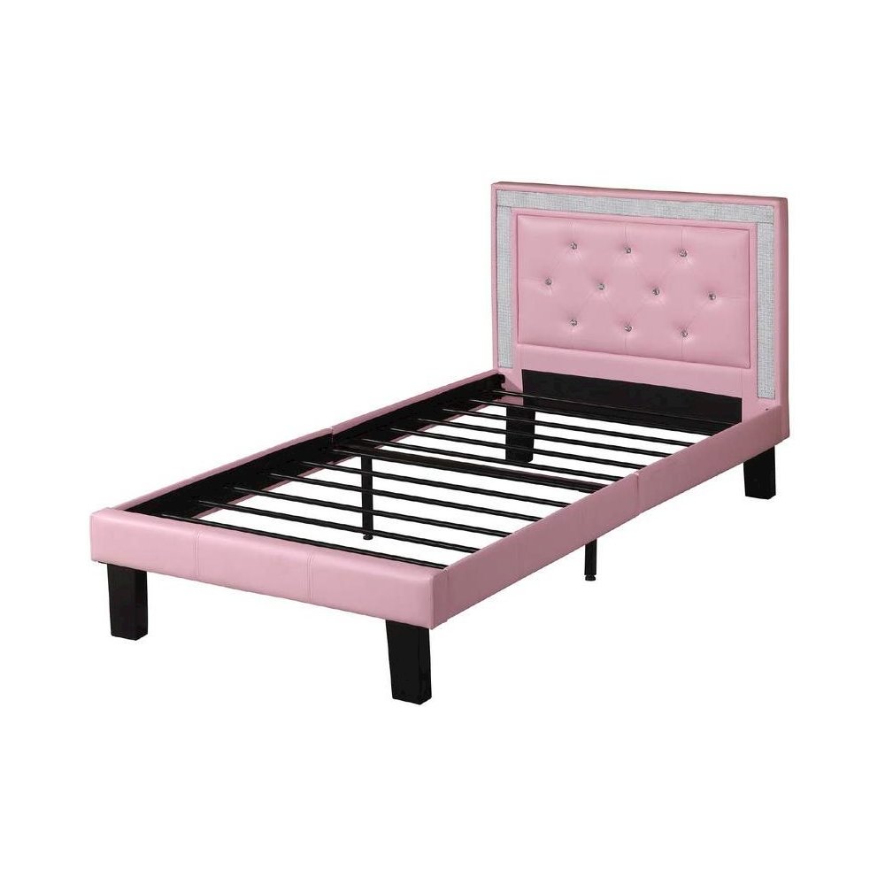 Twin Upholstered Bed Frame with Slats in Pink Faux Leather. Picture 2