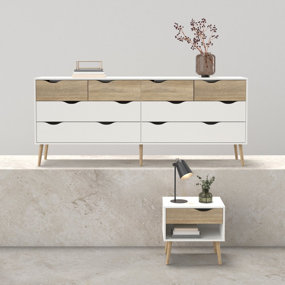 Diana 2-Piece Bedroom Set - 8 Drawer Double Dresser and Nightstand, White/Oak. Picture 3