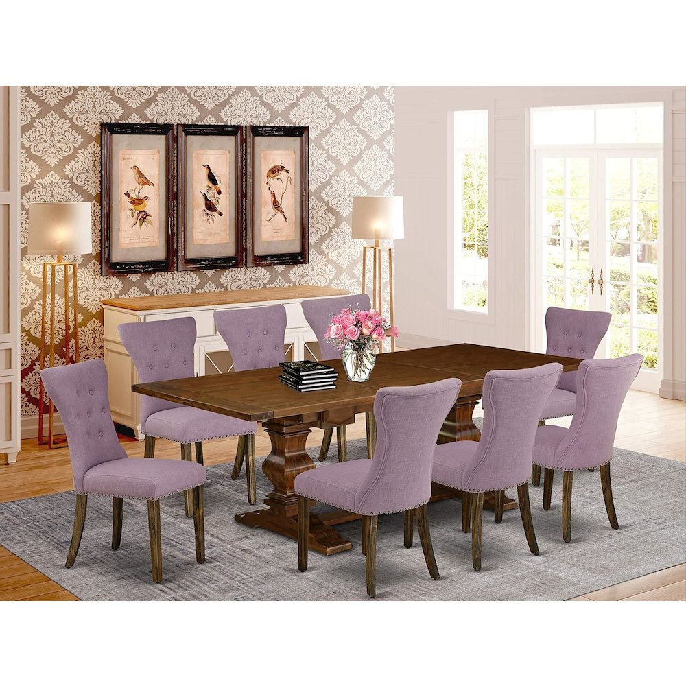 East West Furniture LAGA9-87-40 9 Piece Kitchen Table Set Includes a Rectangle Dining Table with Removable Leaf and 8 Dahlia Linen Fabric Parson Dining Chairs, 42x92 Inch, Walnut. Picture 2