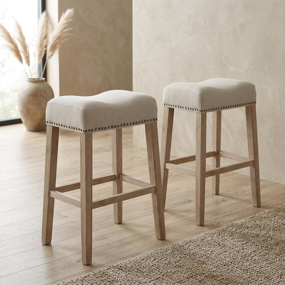 Upholstered Backless Saddle Seat Bar Stools, Tan, Set of 2, 29" Height. Picture 5
